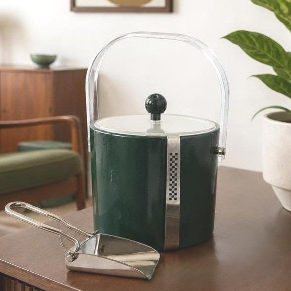 Vintage MCM Forest Green Ice Bucket Tongs and Scoop Retro Barware Set